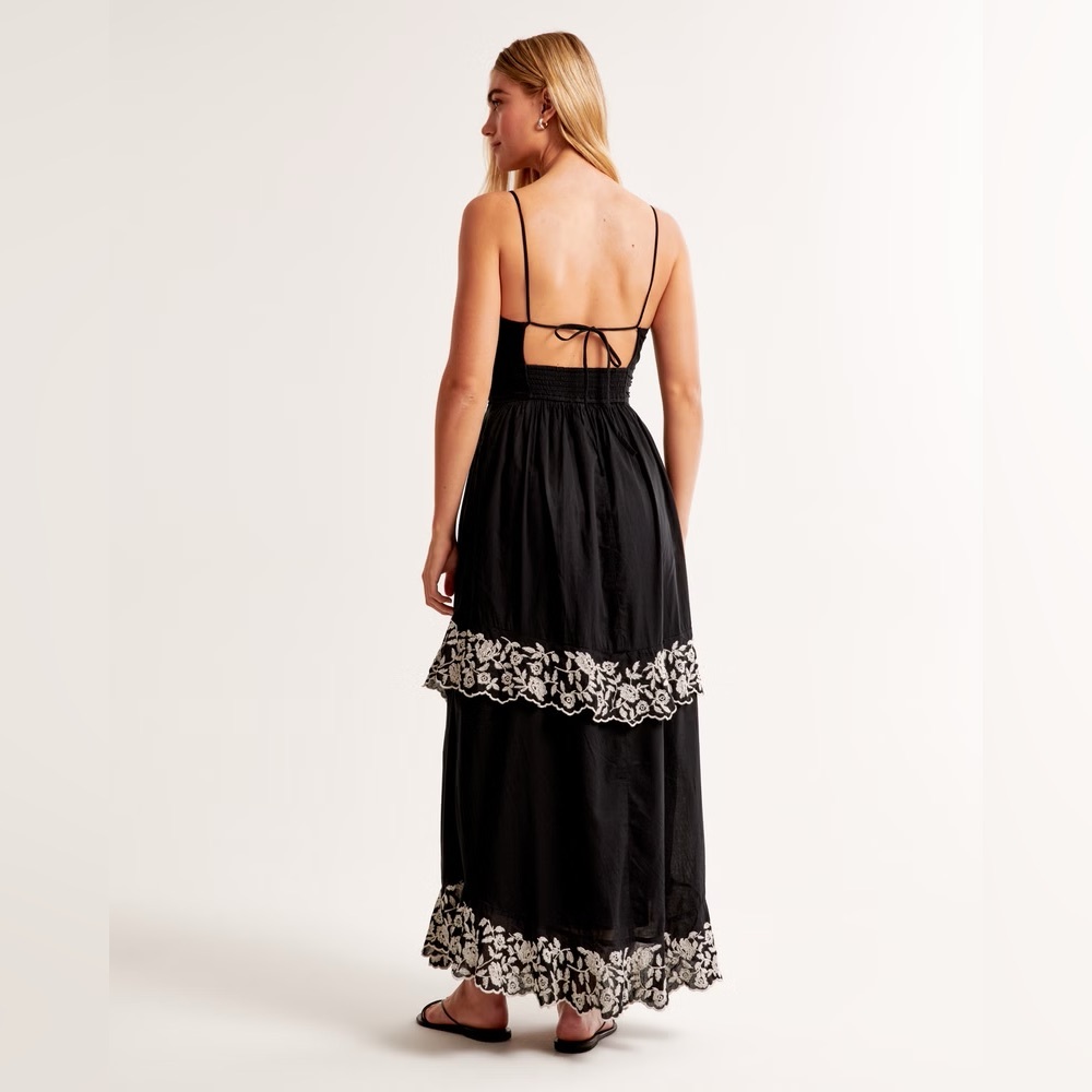 Abercrombie Black Embroidered Tiered Maxi Dress Boho Lace XXS NWT - Picture 4 of 8